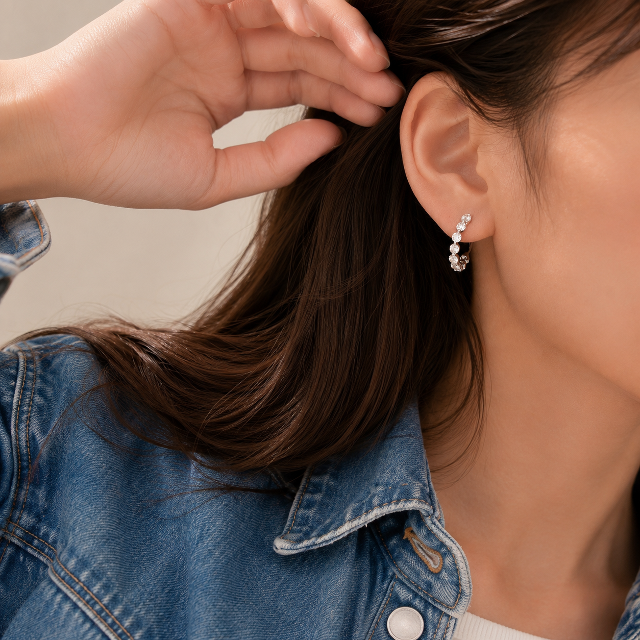 Floating Round-Cut Tennis Half Hoop Earrings
