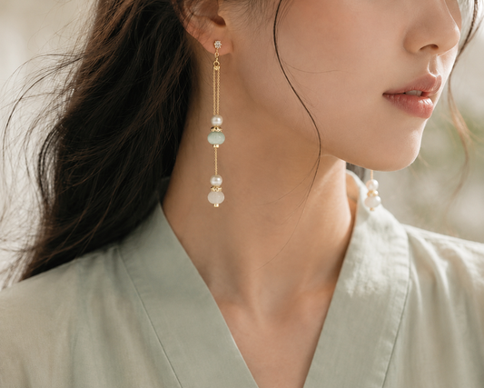 Lunelle by Heart and Hand Tianshan Jade adjustable drop earrings featuring green jade gemstones and elegant gold-tone findings.