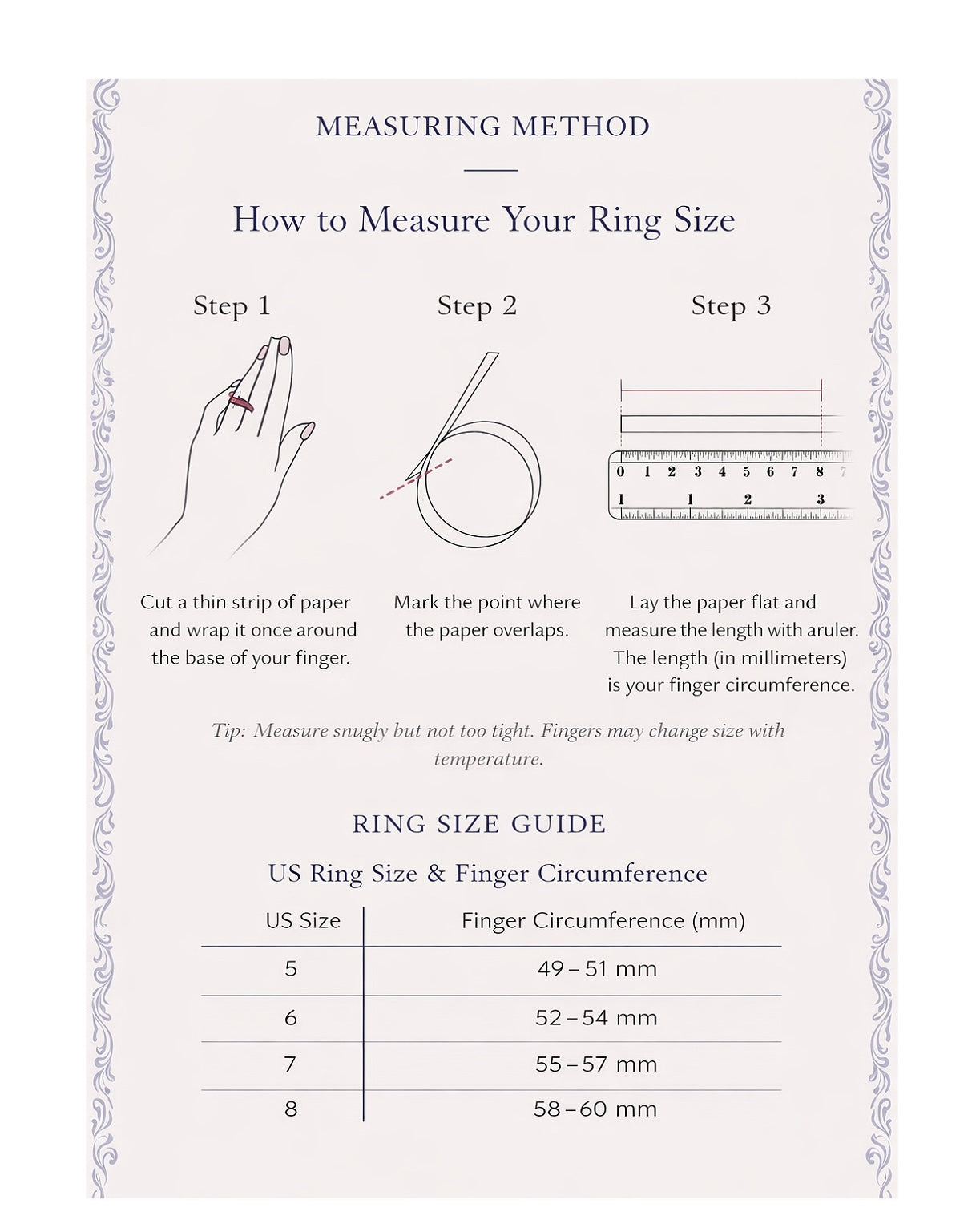 Instructions on how to measure ring size with a diagram and measurements.