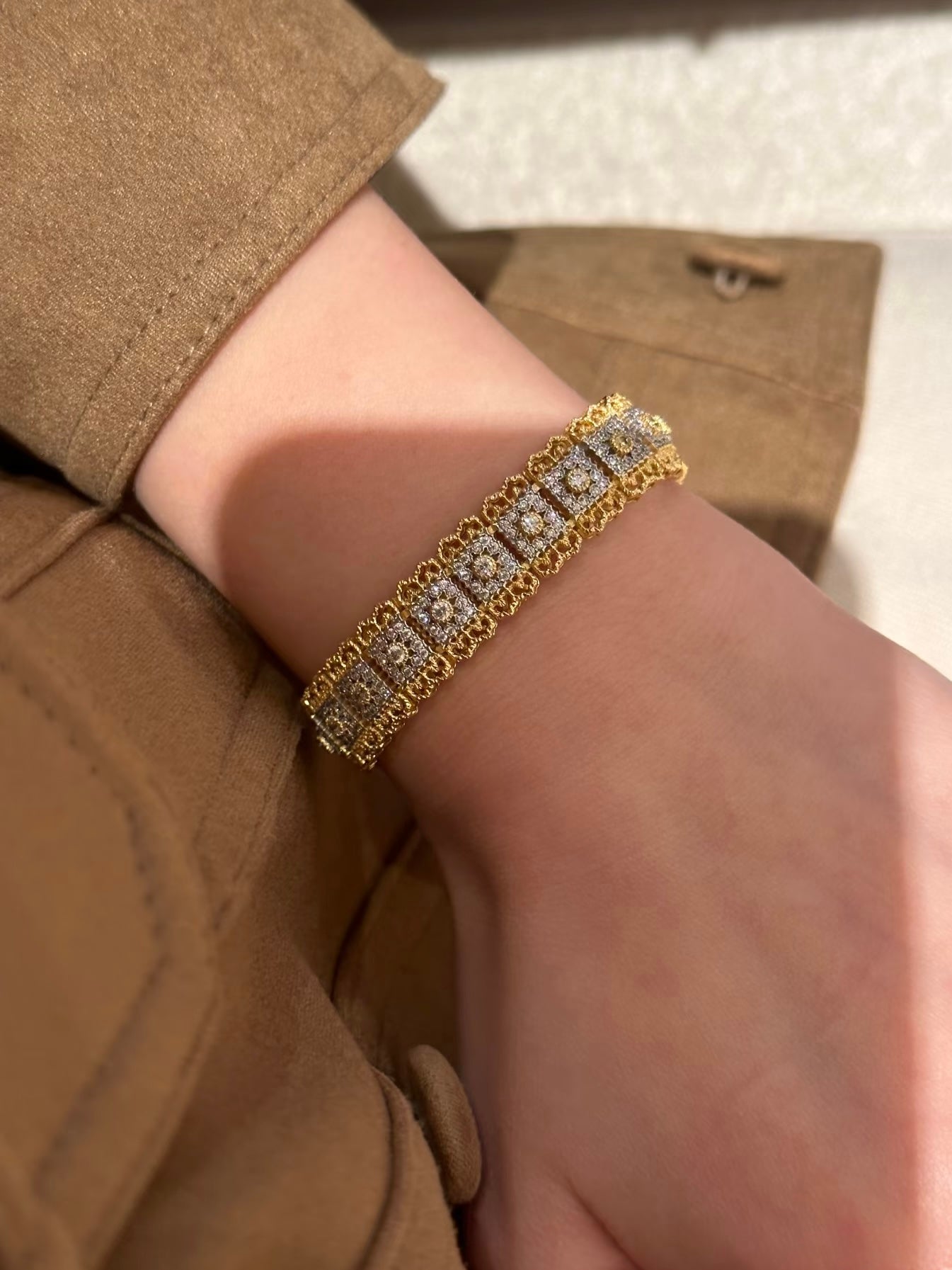 Lunelle Atelier Roman Lace Pavé statement bracelet with intricate lace design and sparkling pavé stones on a delicate metal band.