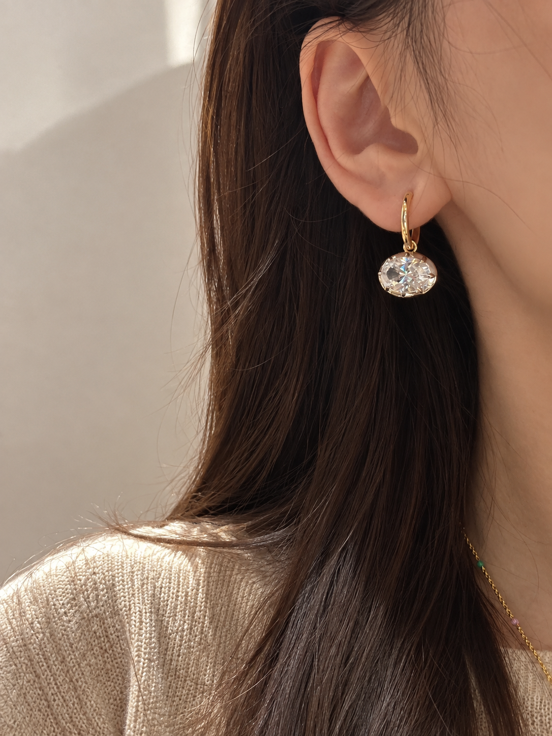 Lunelle Atelier Hailey Oval Solitaire Drop Earrings with elegant oval gemstone and delicate metal setting.