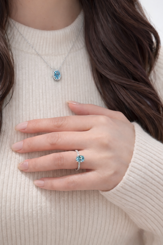 Aqua Halo Oval Necklace | Sterling Silver - Lunelle Atelier
