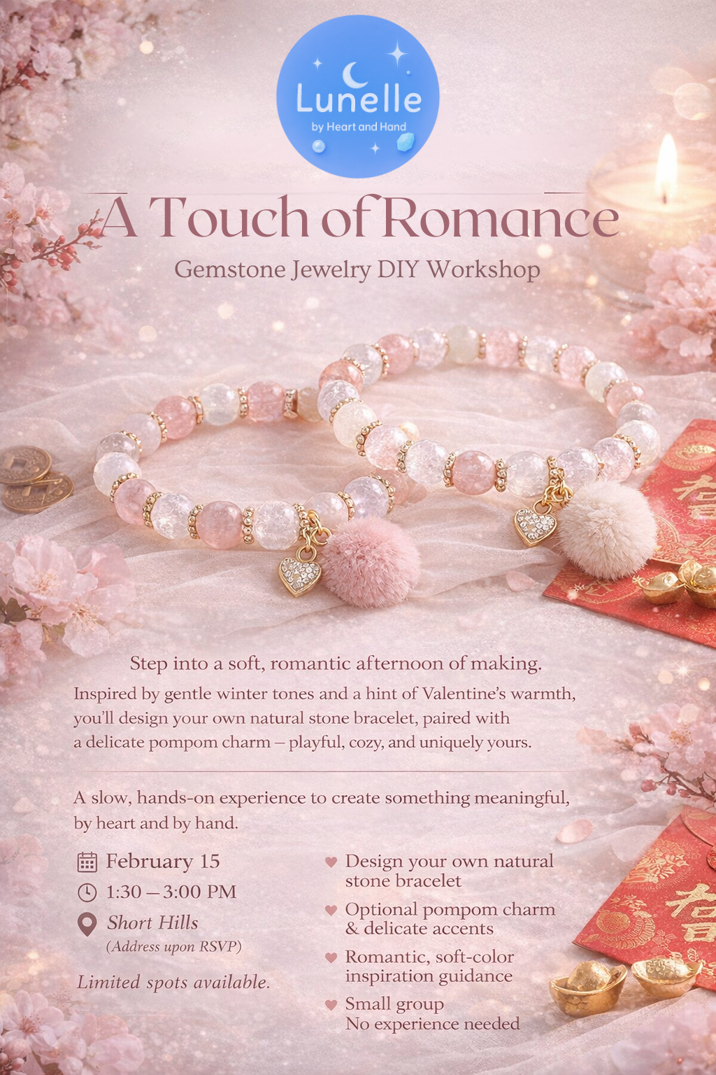 Advertisement for a gemstone jewelry DIY workshop by Lunelle with pink bracelets on a soft background.