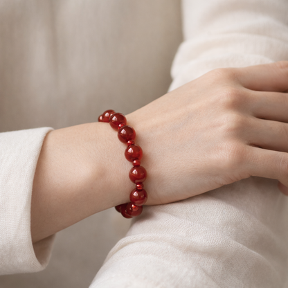 Red beaded bracelet on a person's wrist with a neutral background