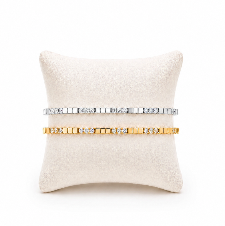 Lunelle Atelier modern bar tennis bracelet with sleek metal bars and minimalist design on a white background.