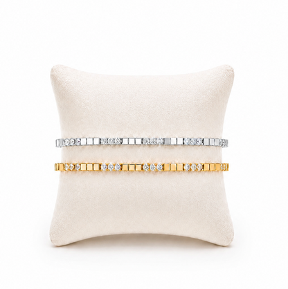 Lunelle Atelier modern bar tennis bracelet with sleek metal bars and minimalist design on a white background.