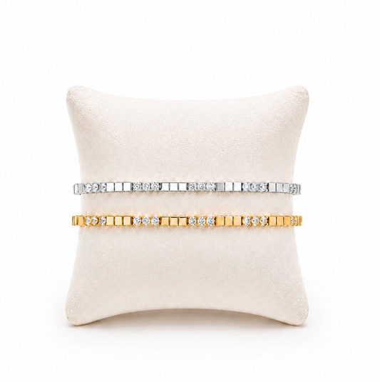 Lunelle Atelier modern bar tennis bracelet with sleek metal bars and minimalist design on a white background.