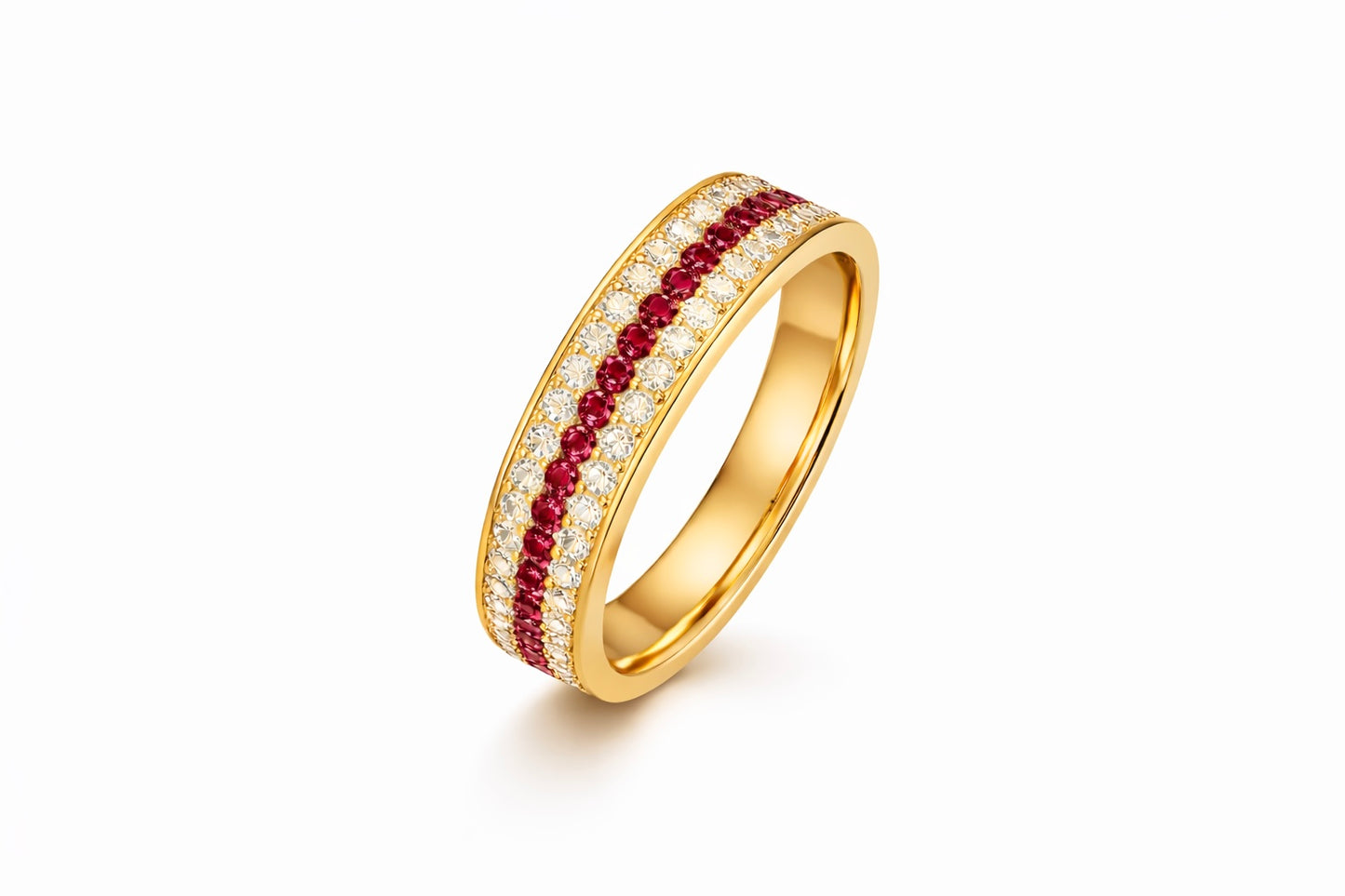 Gold ring with red gemstones on a white background