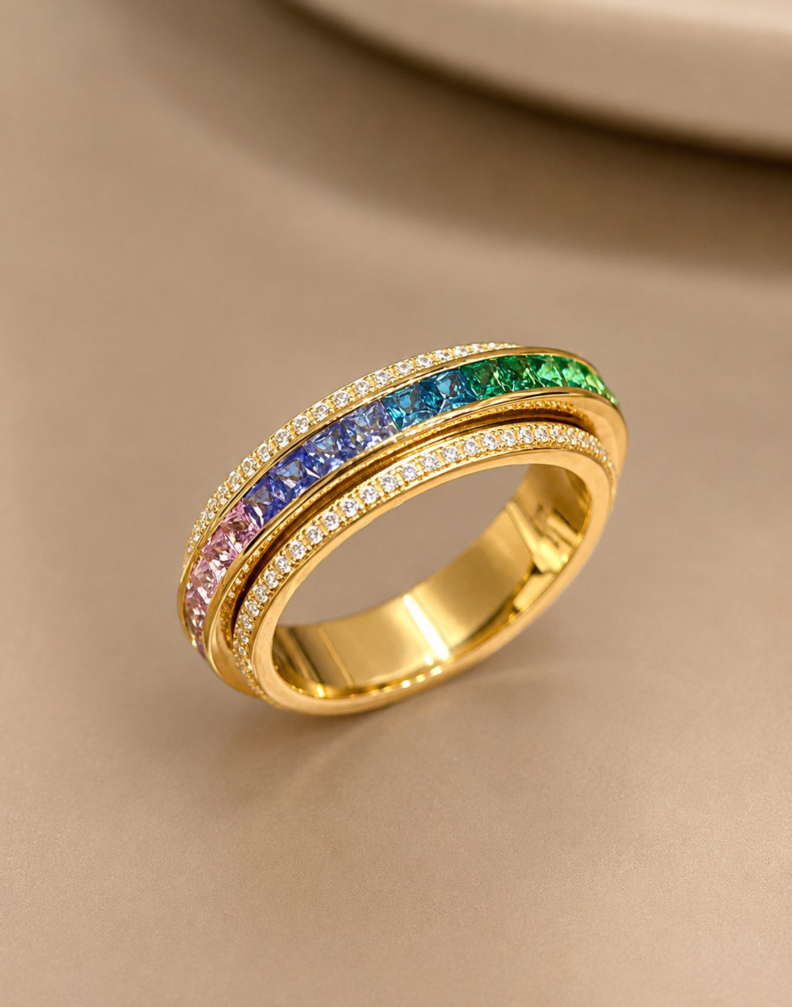 Rainbow Princess-Cut Pavé Spinner Ring