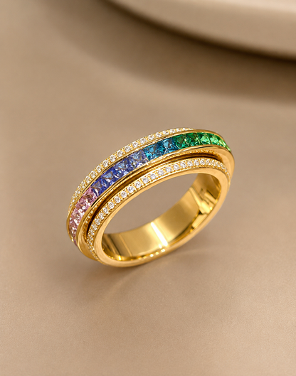 Rainbow Princess-Cut Pavé Spinner Ring