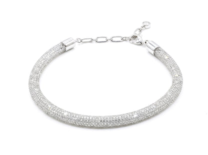Silver bracelet with a textured band on a white background