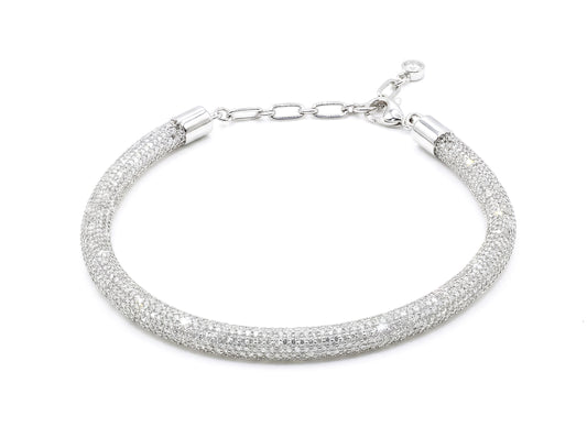 Silver bracelet with a textured band on a white background
