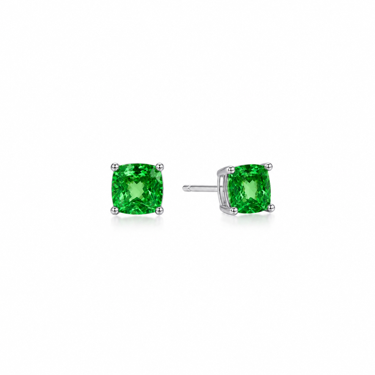 Lunelle Atelier green cushion stud earrings featuring square-shaped, vibrant green gemstone studs with silver settings.