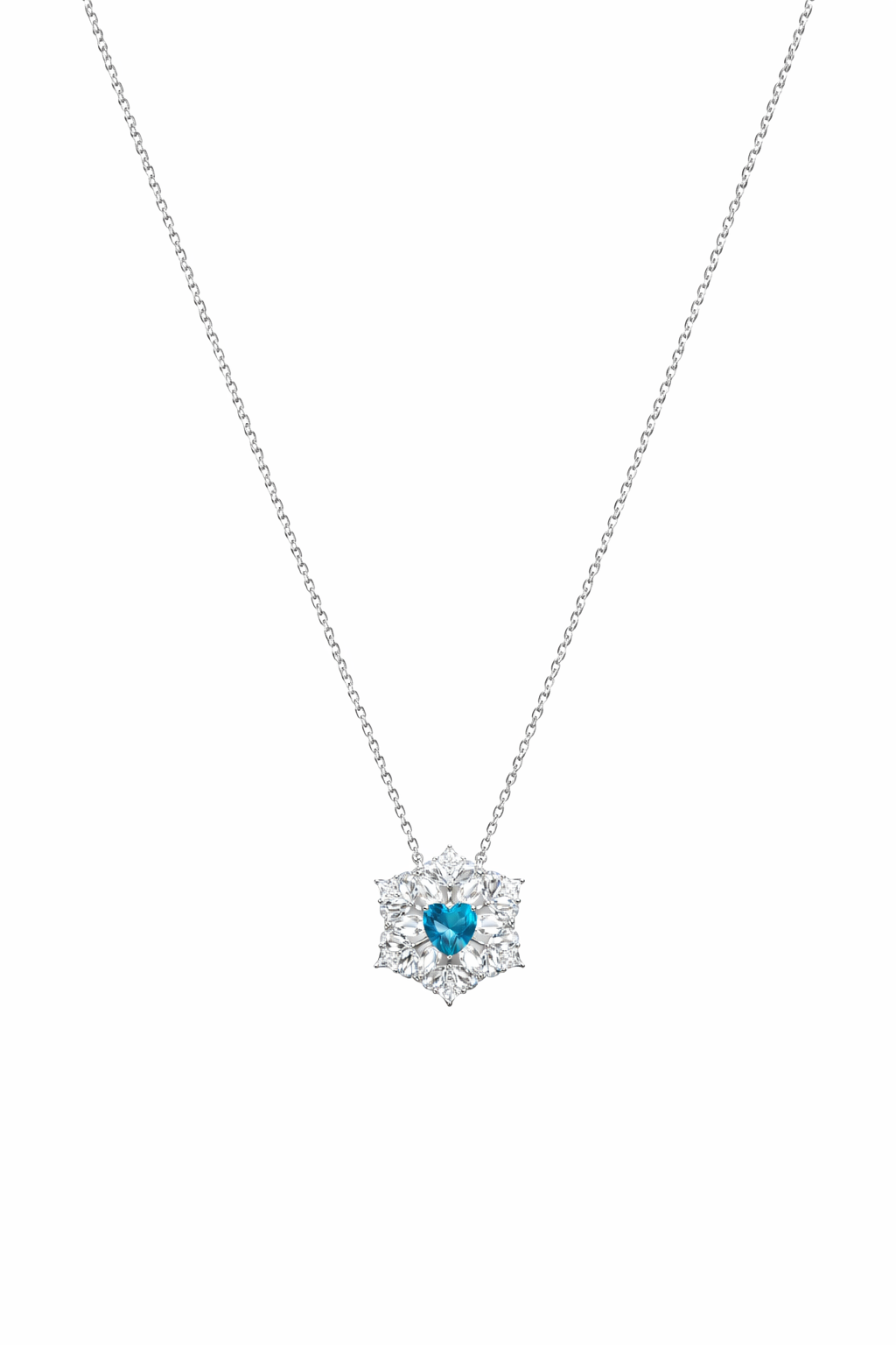 Necklace with a heart-shaped blue gemstone pendant on a white background