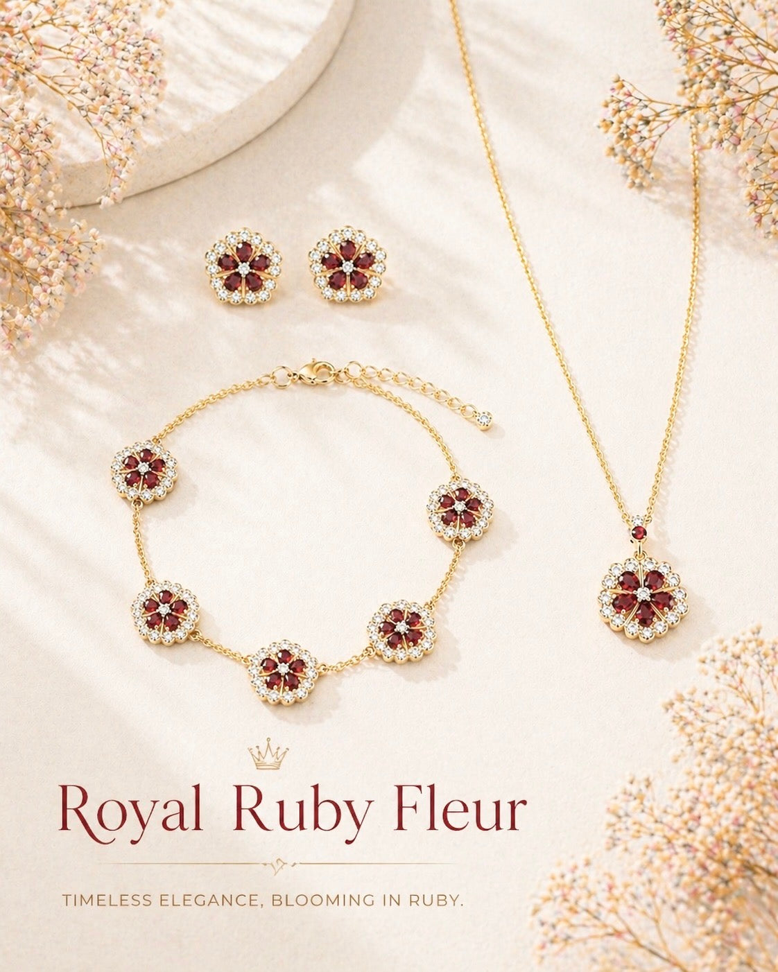 Jewelry set with floral designs featuring rubies on a soft background, branded 'Royal Ruby Fleur'.