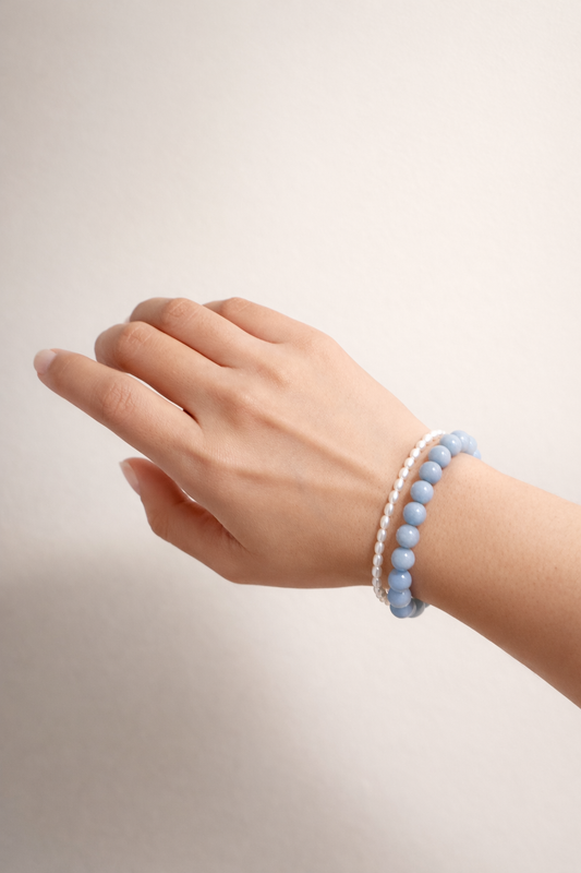 Angelite & Pearl Dual Strand Heart Clasp Bracelet - Lunelle Atelier