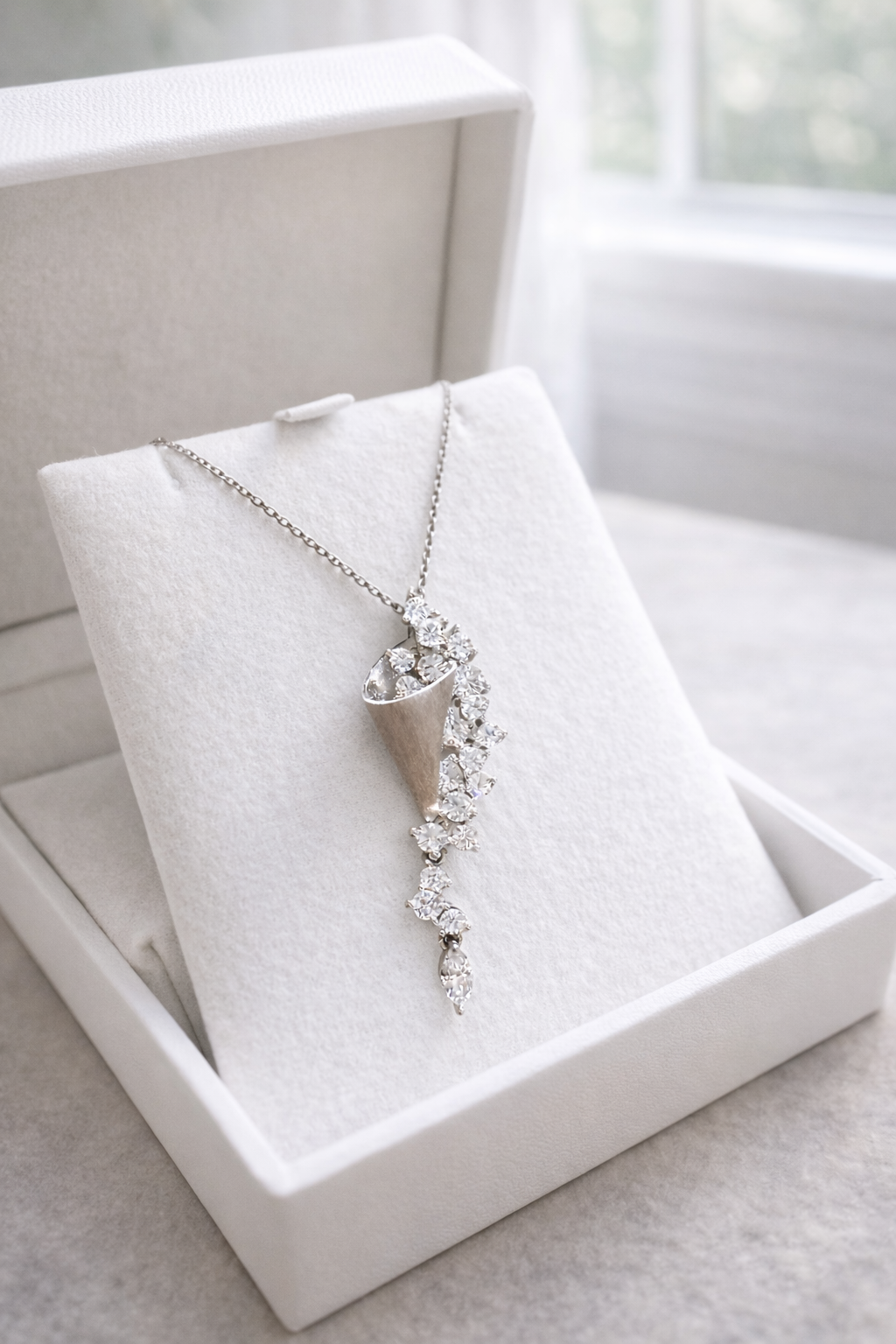 Silver necklace with a floral pendant on a white jewelry display box.