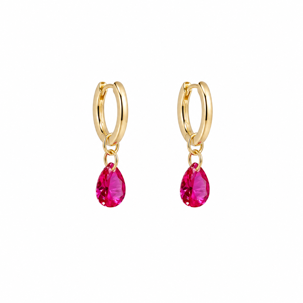Convertible hot pink sapphire drop huggie earrings by Lunelle Atelier, showcasing vibrant pink sapphires and sleek gold hoops.