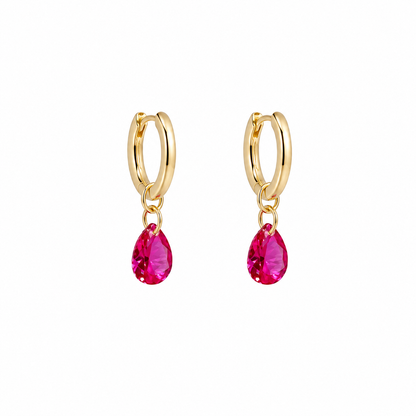 Convertible hot pink sapphire drop huggie earrings by Lunelle Atelier, showcasing vibrant pink sapphires and sleek gold hoops.