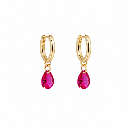 Convertible hot pink sapphire drop huggie earrings by Lunelle Atelier, showcasing vibrant pink sapphires and sleek gold hoops.