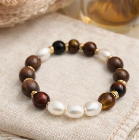 Trinity Bracelet | Agarwood Tiger’s Eye Freshwater Pearl - Lunelle Atelier