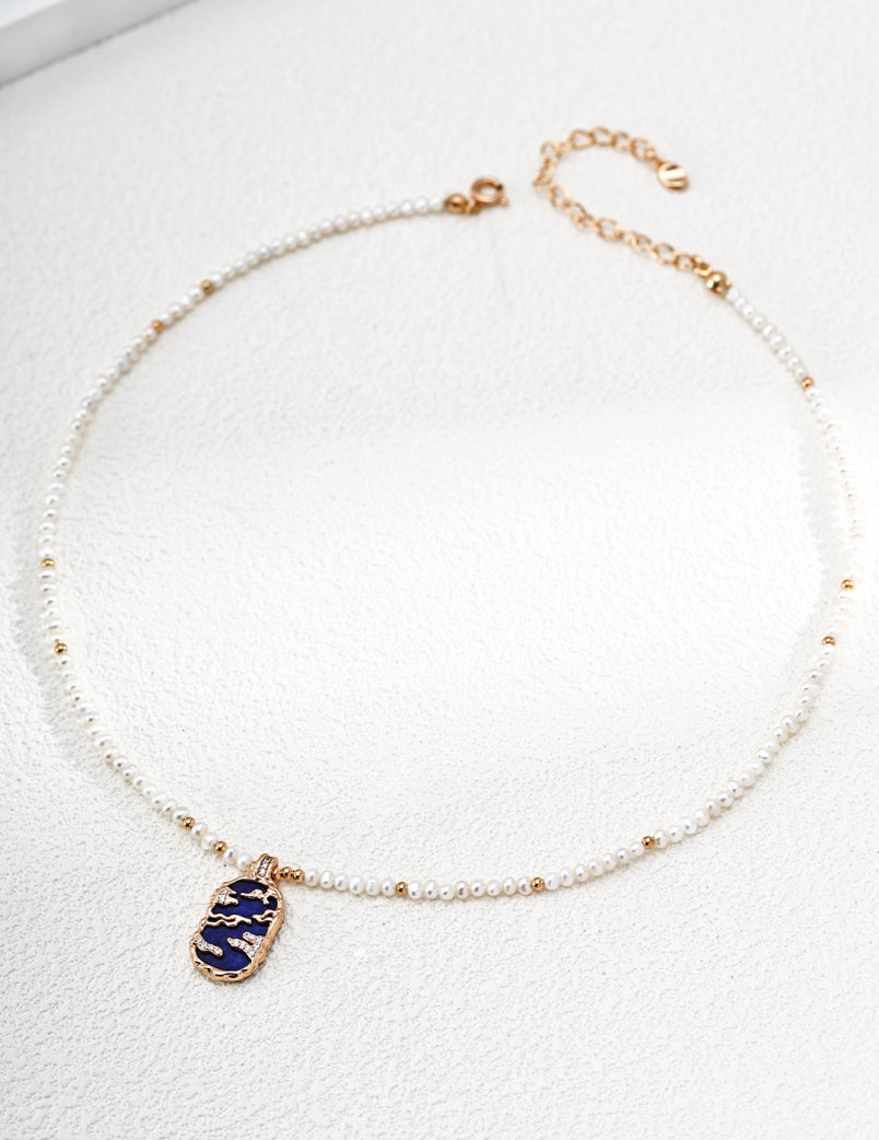 Cloudrise Freshwater Pearl Pendant Necklace – Mother of Pearl / Lapis Lazuli