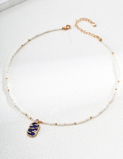 Cloudrise Freshwater Pearl Pendant Necklace – Mother of Pearl / Lapis Lazuli