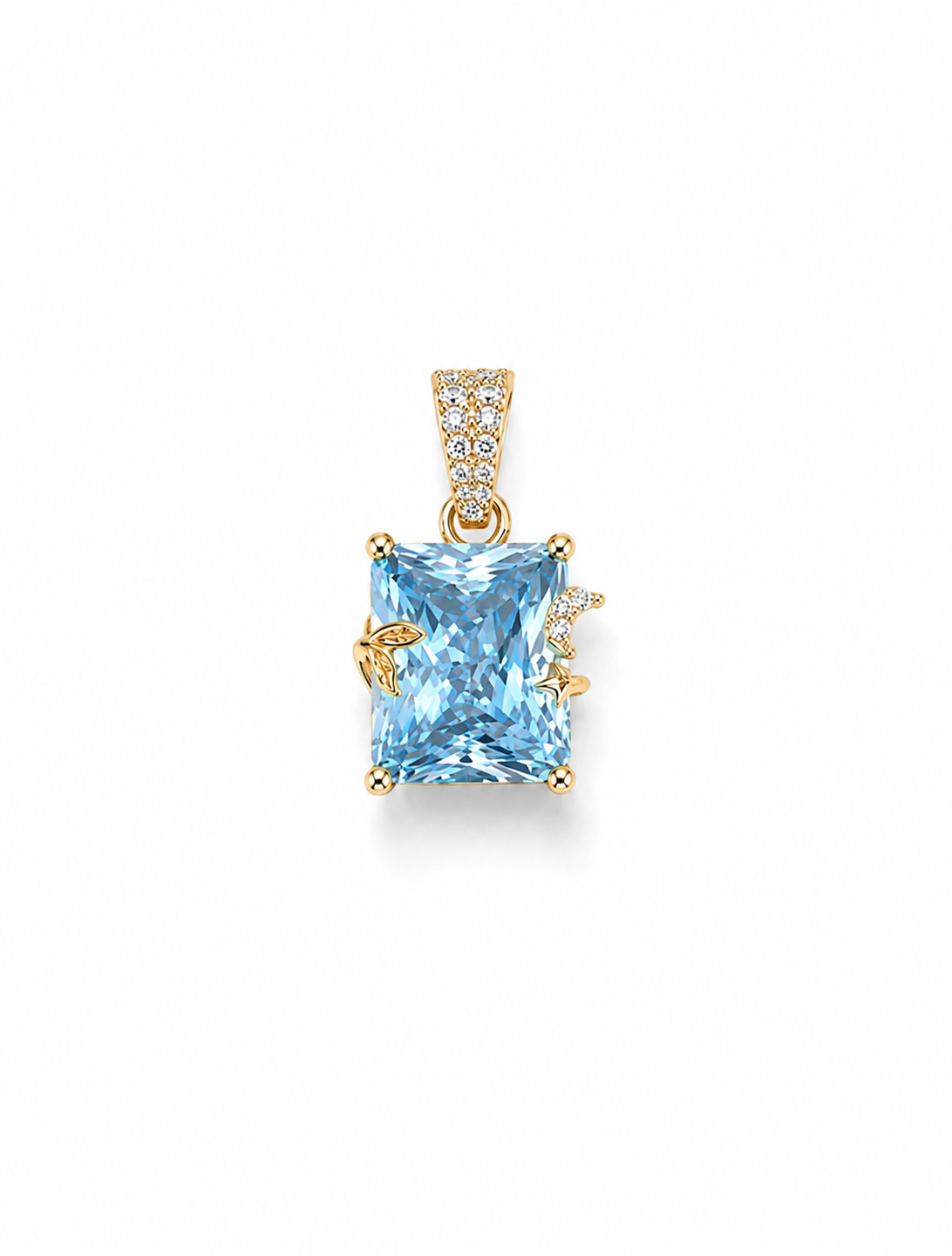 Gold pendant with a blue gemstone on a white background
