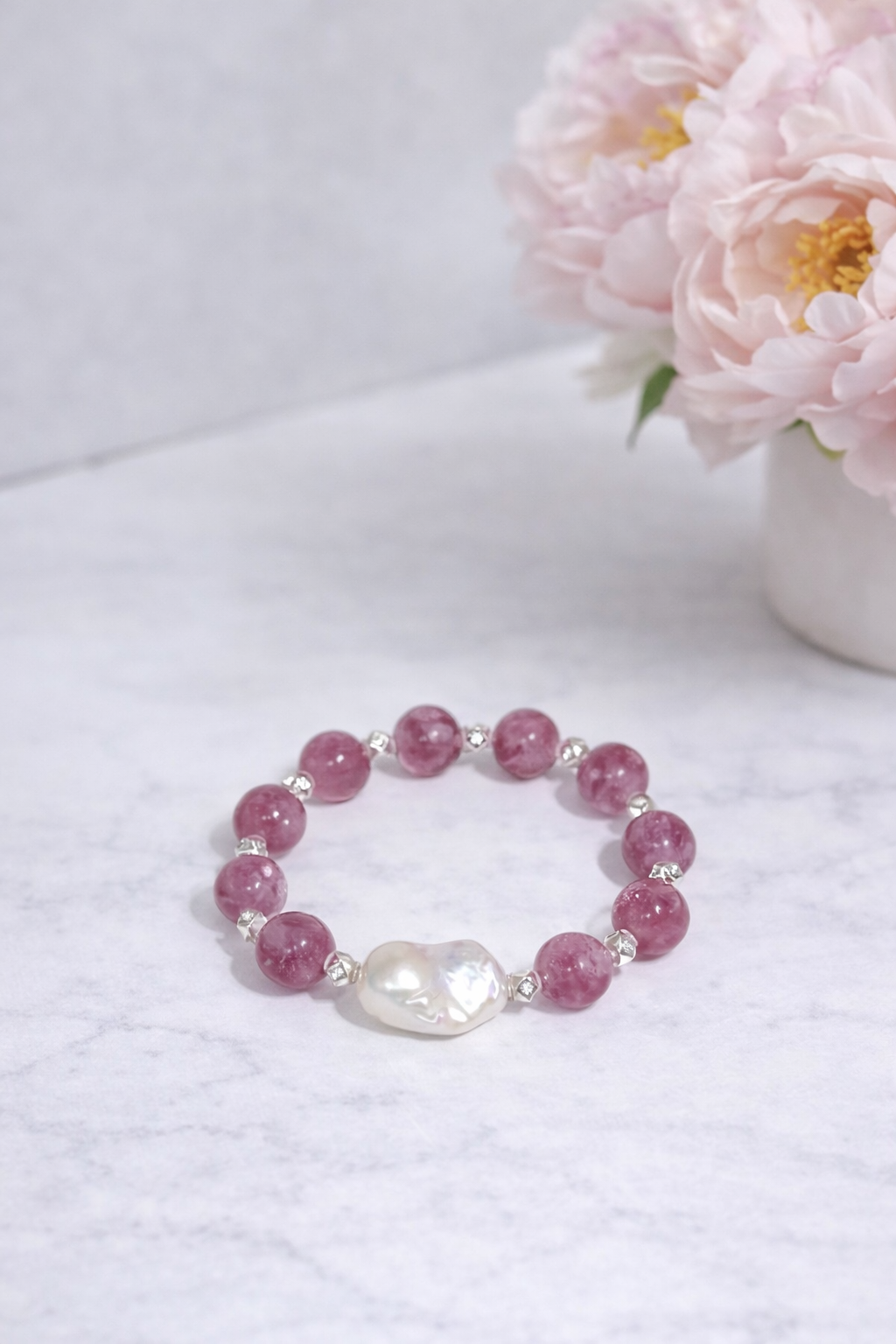 Pink Lepidolite Baroque Pearl Stretch Bracelet - Lunelle Atelier