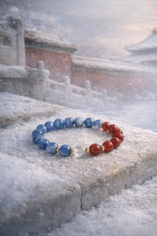 Bracelet with blue, red, and clear beads on a snowy surface