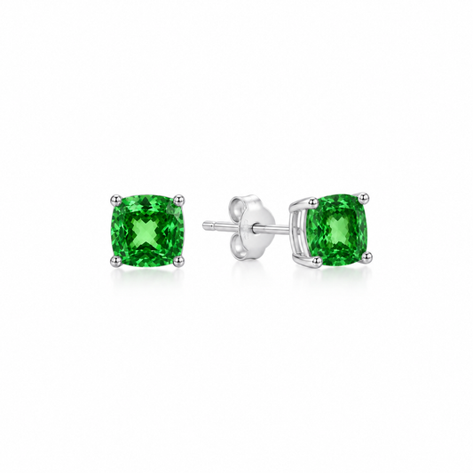 Lunelle Atelier green cushion stud earrings featuring a vibrant green gemstone in a sleek silver setting.