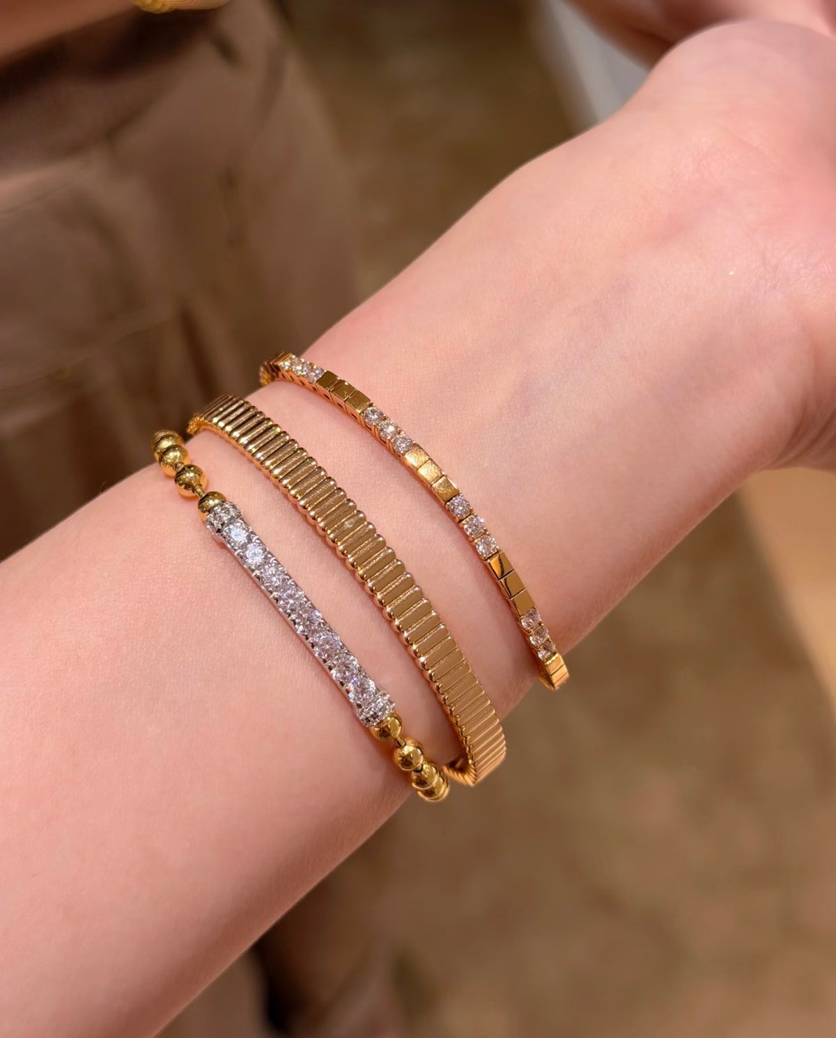 Lunelle Atelier beaded pavé stretch bracelet with sparkling beads and elegant design on a white background.