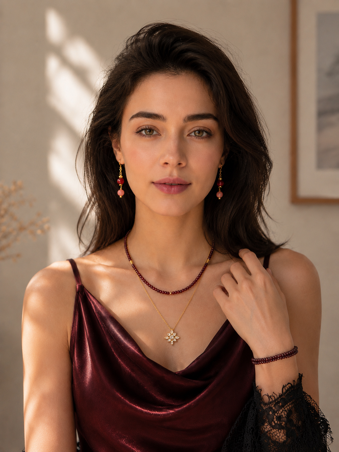 Pink agate linear drop earrings by Lunelle with adjustable pull-through design, featuring vibrant carnelian-colored stones and sleek metal findings.