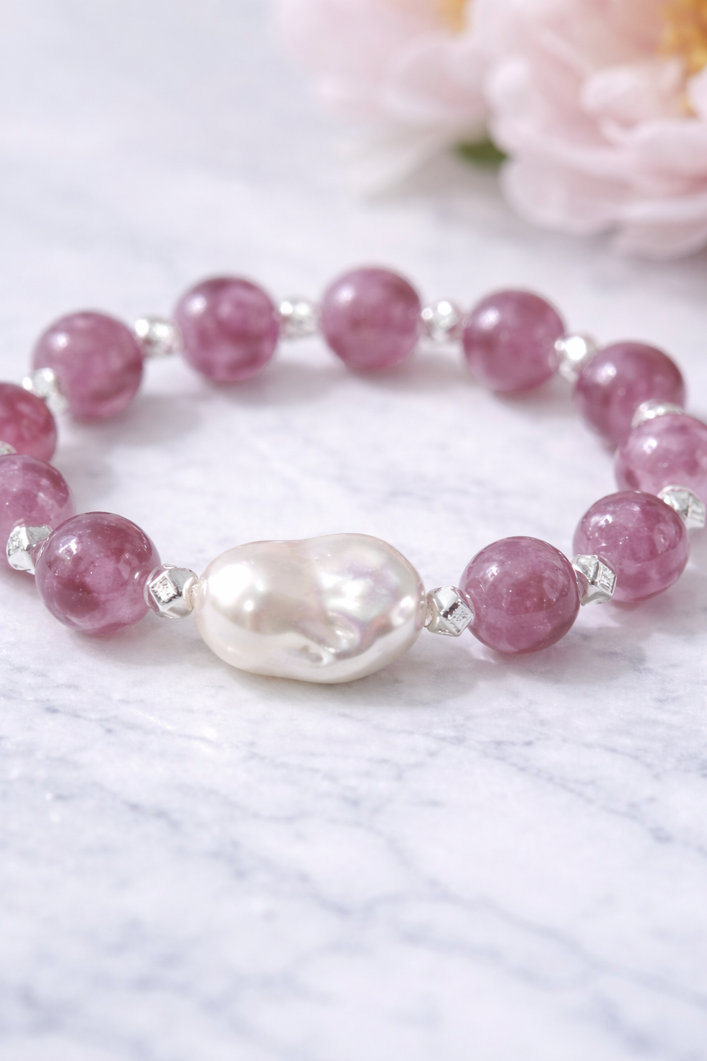 Pink Lepidolite Baroque Pearl Stretch Bracelet - Lunelle Atelier