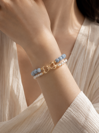 Angelite & Pearl Dual Strand Heart Clasp Bracelet - Lunelle Atelier