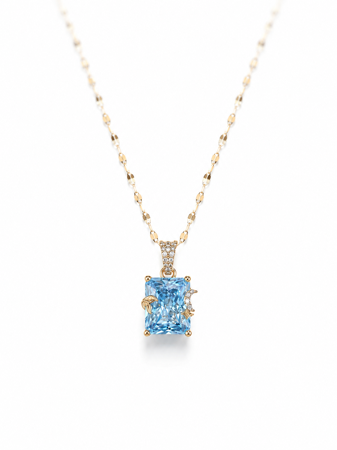 Rose gold necklace with a butterfly pendant featuring turquoise stones on a white background