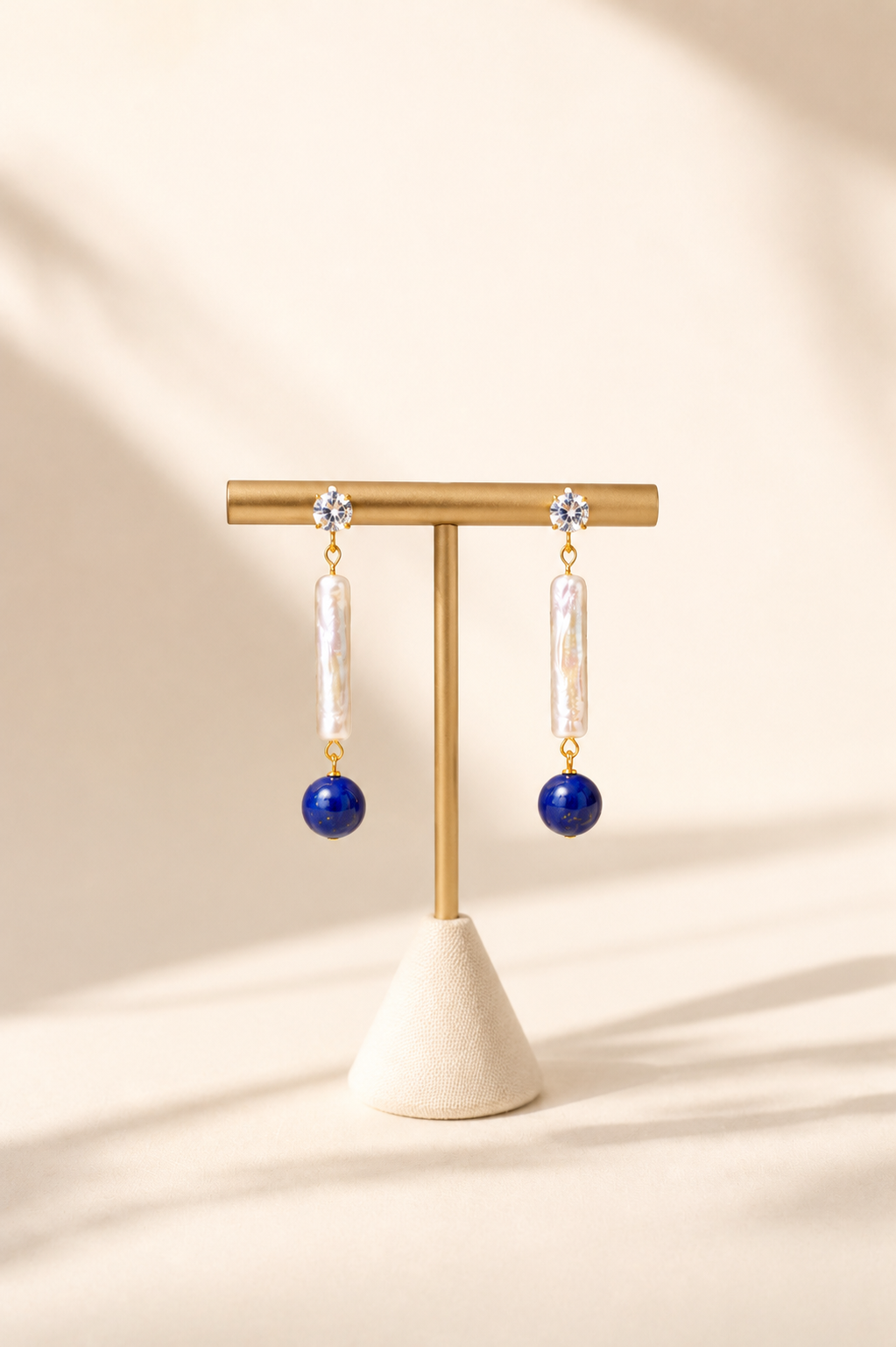 Baroque Pearl Dangle Earrings — Lapis Lazuli, Freshwater Pearl & Gold Vintage Bead