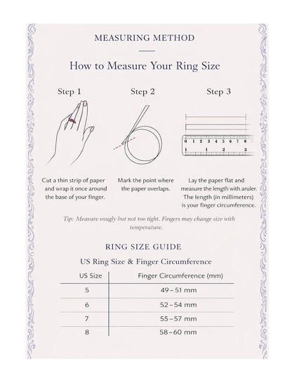 Instructions on how to measure ring size with a diagram and measurements.