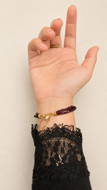 Triple Strand Faceted Garnet Bracelet Heart Magnetic Clasp | Birthstone Jewelry - Lunelle Atelier