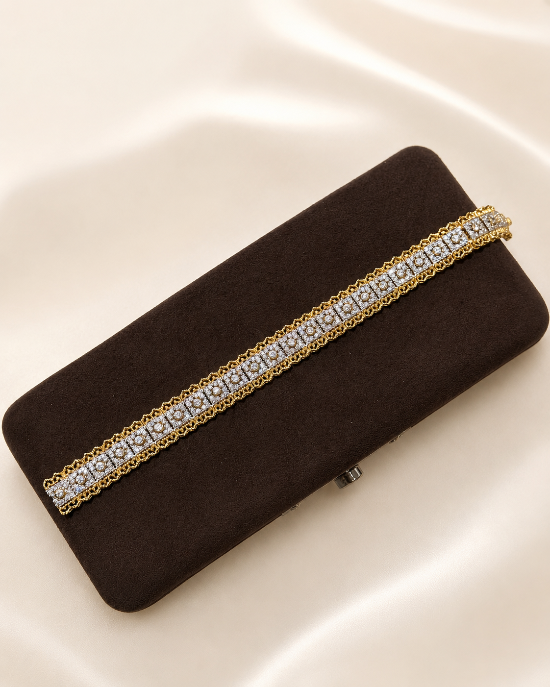 Lunelle Atelier Roman Lace Pavé Statement Bracelet featuring intricate lace design and sparkling pavé accents.
