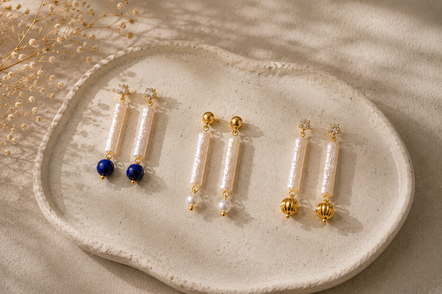 Baroque Pearl Dangle Earrings — Lapis Lazuli, Freshwater Pearl & Gold Vintage Bead