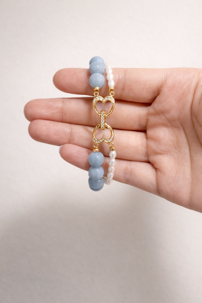 Angelite & Pearl Dual Strand Heart Clasp Bracelet - Lunelle Atelier
