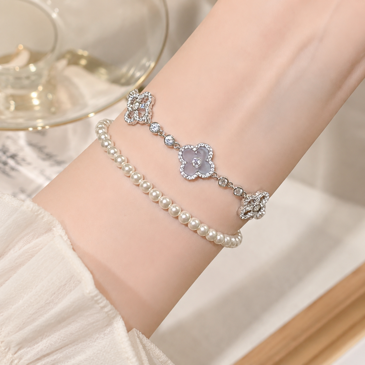 Lavender petal chalcedony bracelet from Lunelle Atelier featuring smooth, rounded lavender gemstone beads on a delicate stretch cord.