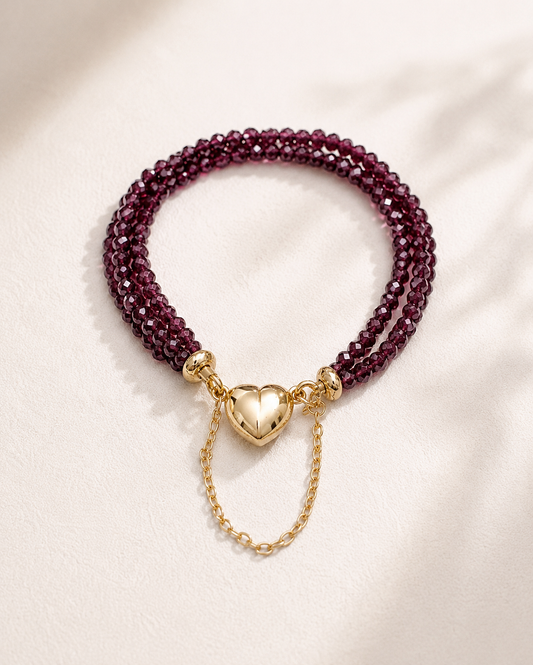 Triple Strand Faceted Garnet Bracelet Heart Magnetic Clasp | Birthstone Jewelry
