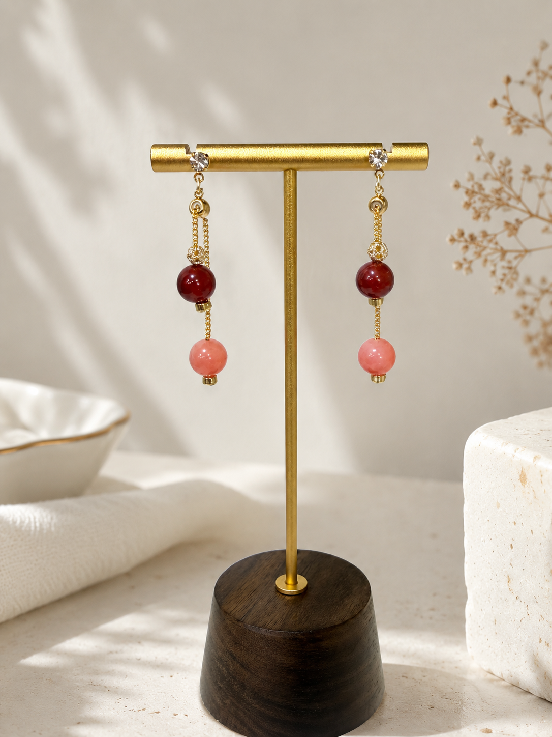 Lunelle Pink Agate Linear Drop Earrings with adjustable pull-through design featuring vibrant carnelian pink agate stones.