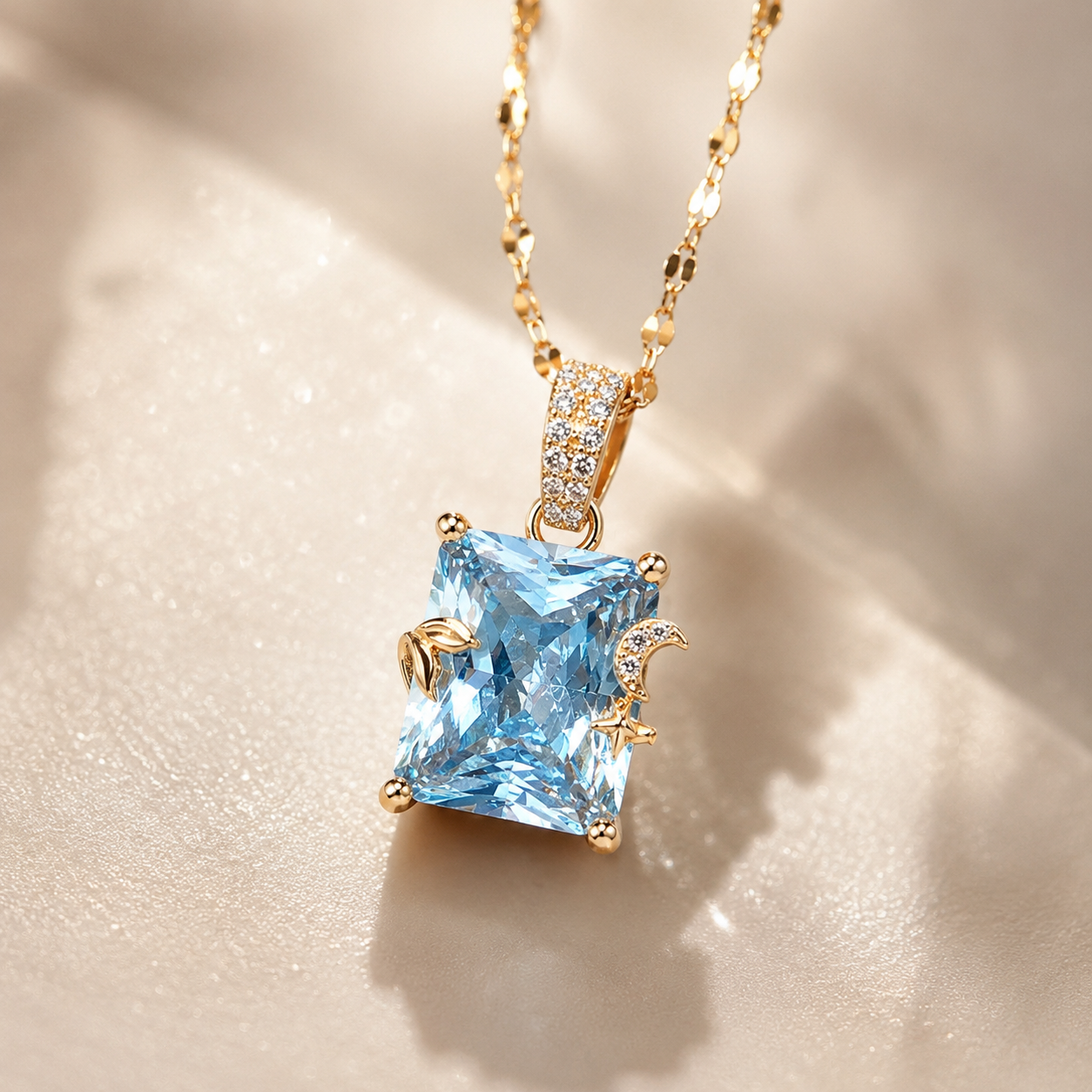 Gold necklace with a blue gemstone pendant on a beige background