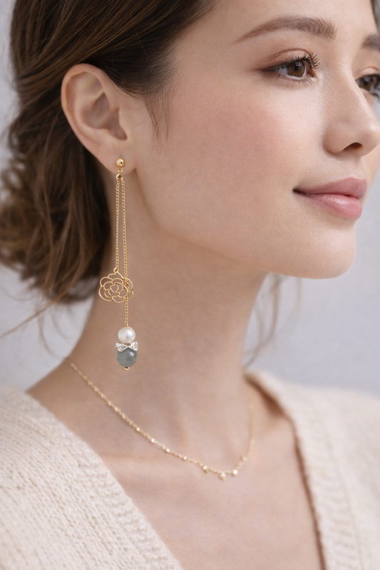 Tianshan Jade Camellia Adjustable Length Drop Earrings - Lunelle Atelier
