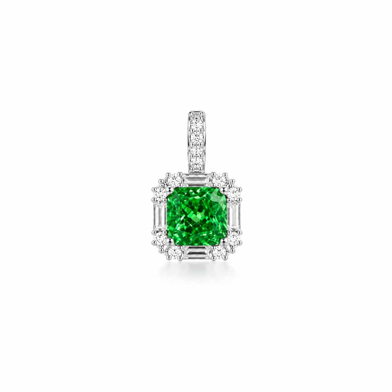 Lunelle Atelier green cushion halo pendant necklace featuring a large green gemstone surrounded by a silver halo setting.