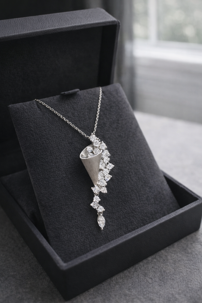 Silver necklace with a pendant in a black jewelry box