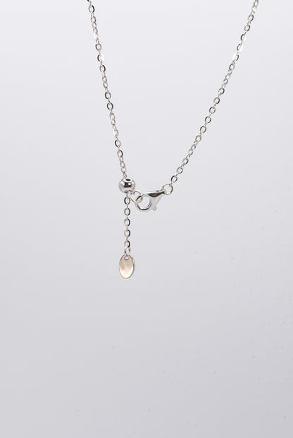 Silver necklace with a small pendant on a light gray background